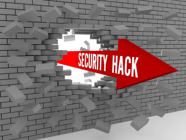 Pfeil mit Worten Security Hack durchbrechen Ziegelmauer. Konzept 3D Illustration. — Stockfoto