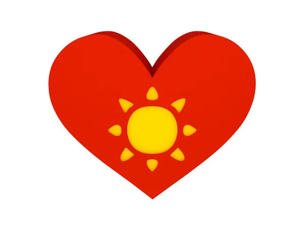 Grande coração vermelho com símbolo do sol. Conceito ilustração 3D . — Fotografia de Stock