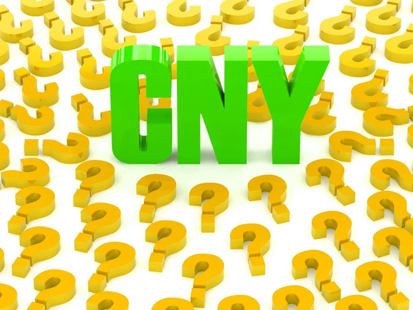 Segnale CNY circondato da punti interrogativi. Concetto Illustrazione 3D . — Foto Stock