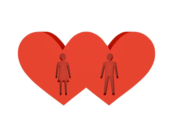 Two hearts. Figure of man and woman cutout inside. Concept 3D illustration. — Stock Photo, Image