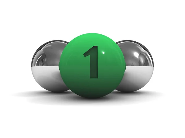 Bolas de cromo con el líder verde en frente. Concepto Ilustración 3D —  Fotos de Stock