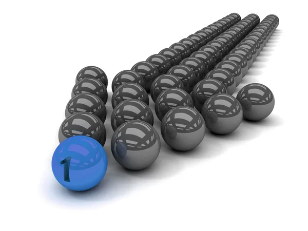 Grey arrow of the balls with the blue leader in front. Concept 3D illustration — Stock Photo, Image