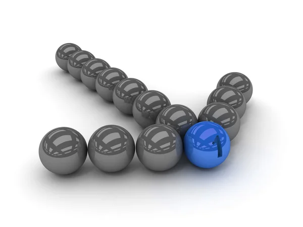 Grey arrow of the balls with the blue leader in front. Concept 3D illustration — Stock Photo, Image