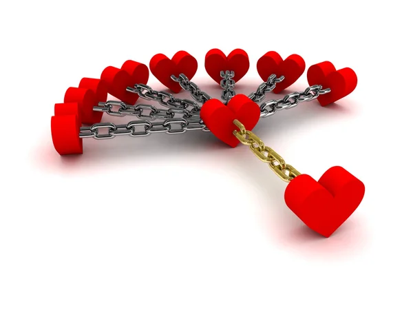 Sette cuori collegati con un solo cuore. Dipendenza dalle relazioni passate. Concetto Illustrazione 3D . — Foto Stock