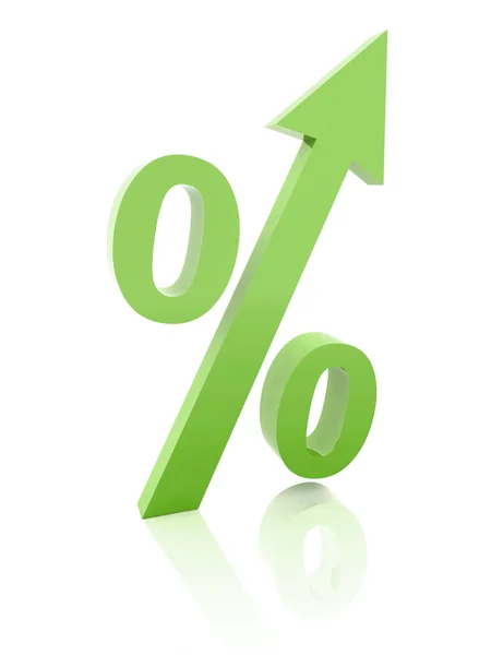 Símbolo de percentagem verde com uma seta para cima. Conceito ilustração 3D . — Fotografia de Stock
