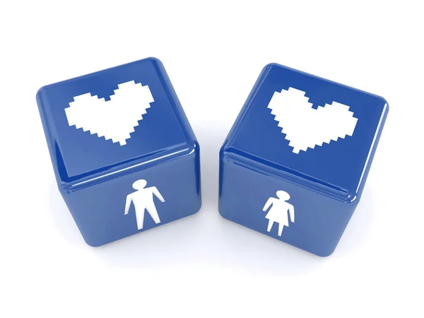 Two hearts, male and female figures on dices. Concept 3D illustration. — Stock Photo, Image