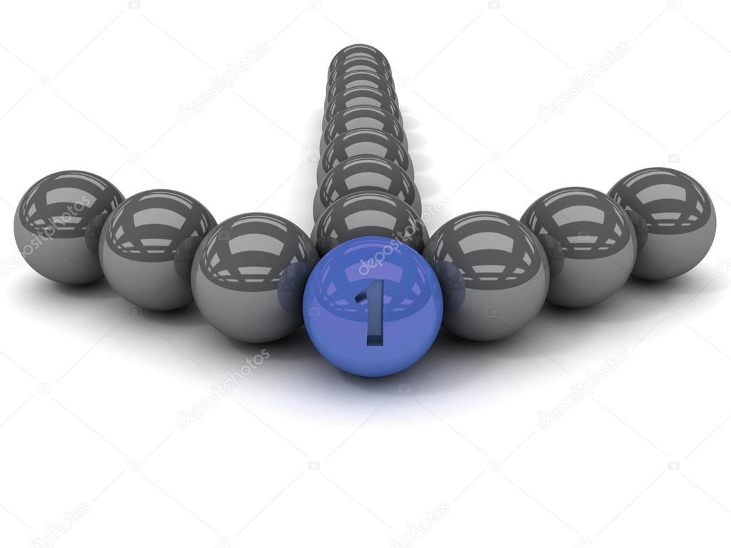Grey arrow of the balls with the blue leader in front. 3D illustration