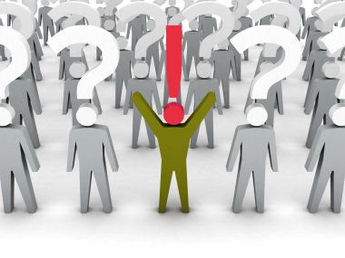 ünlem işareti ve bir sürü soru işareti olan erkek olan bir adam. Konsept illüstrasyon.