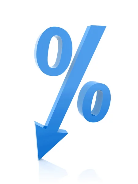 Símbolo de porcentaje azul con una flecha hacia abajo. Concepto Ilustración 3D . — Foto de Stock