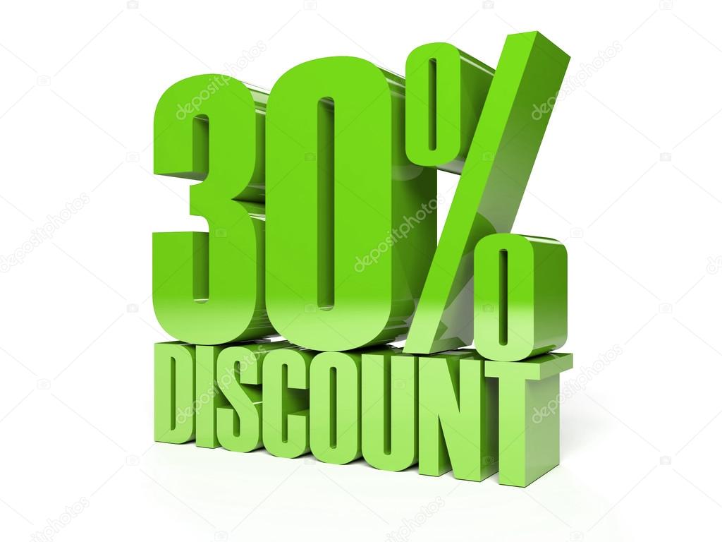 30 percent discount. Green shiny text. Concept 3D illustration.