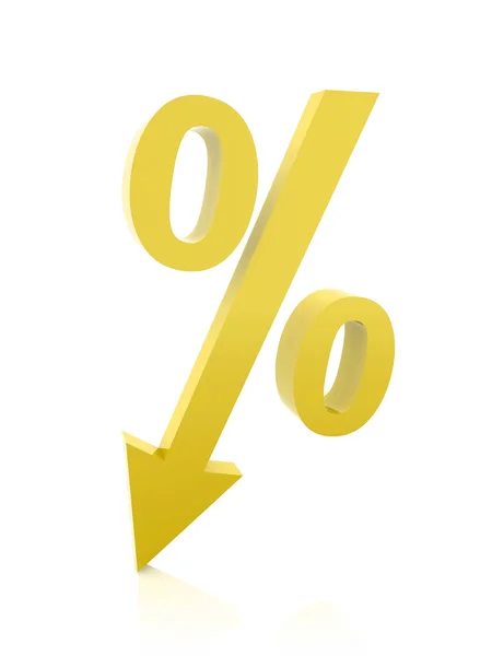 Símbolo de percentagem dourada com uma seta para baixo. Conceito 3D illustra — Fotografia de Stock