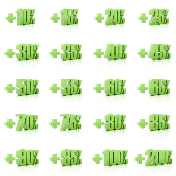 Conjunto de 3D más por ciento. Números. Verde sobre fondo blanco. Conc. — Foto de Stock