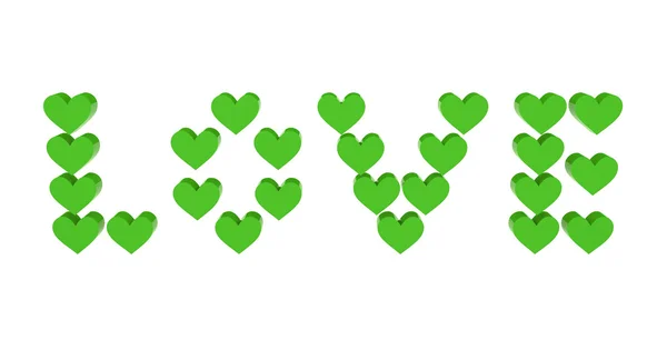 Зеленые сердца в слове ЛЮБОВЬ. Концепция 3D иллюстрации . — стоковое фото