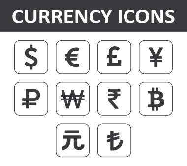 Currency Icons Set. Black over white background. clipart