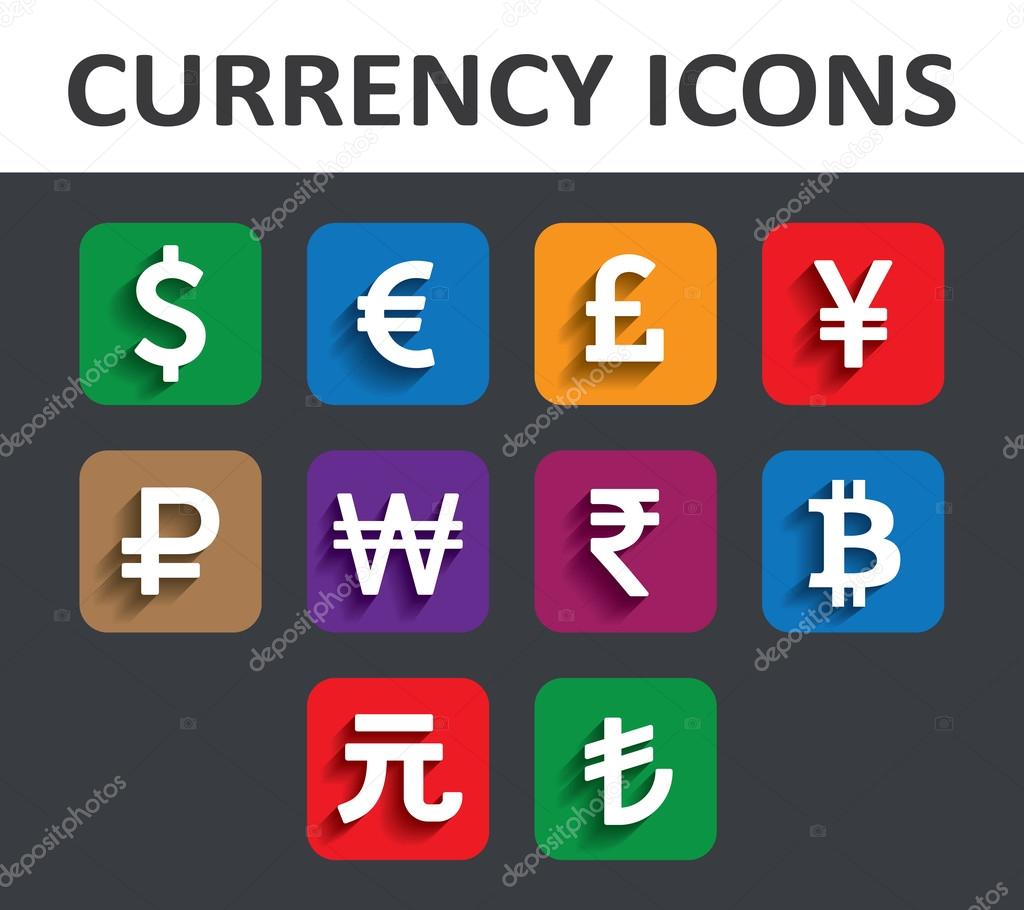 Currency Icons Set with shadow. 