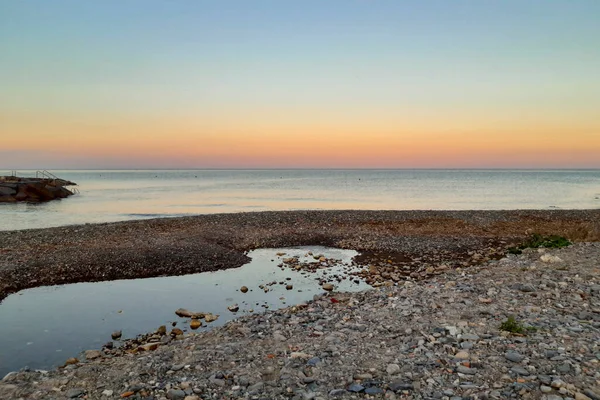 Strand Prachtig Uitzicht Zee Bij Zonsondergang Diano Marina Ligurië Reizen — Stockfoto