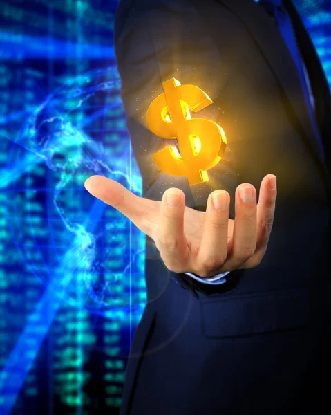 A hand of an asian business man with a gold U.S. currency symbol — Stock Photo, Image