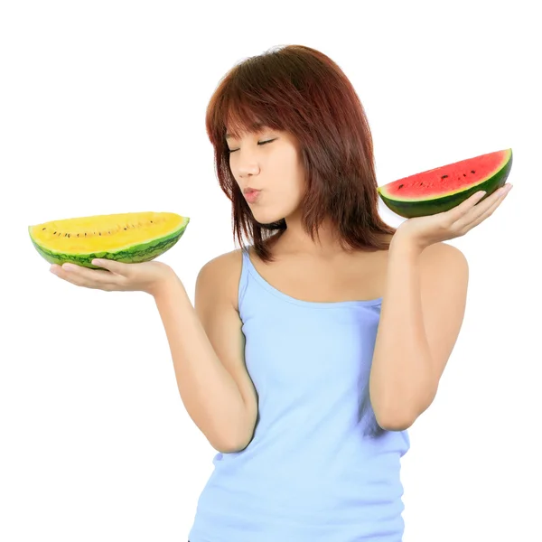 Isolierte junge Frau mit Wassermelonen — Stockfoto