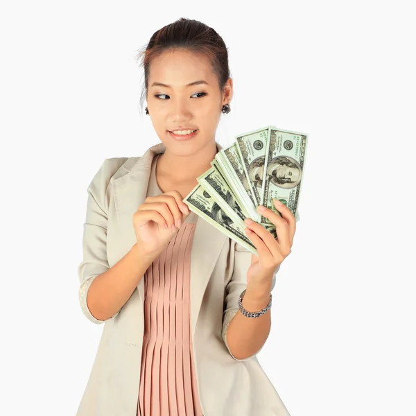 Elszigetelt fiatal üzleti nő USA dollár-bankjegyek — Stock Fotó