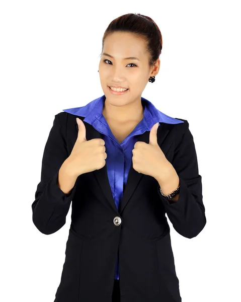 Isolated young business woman withn two thumbs up posing on whit — Stock Photo, Image