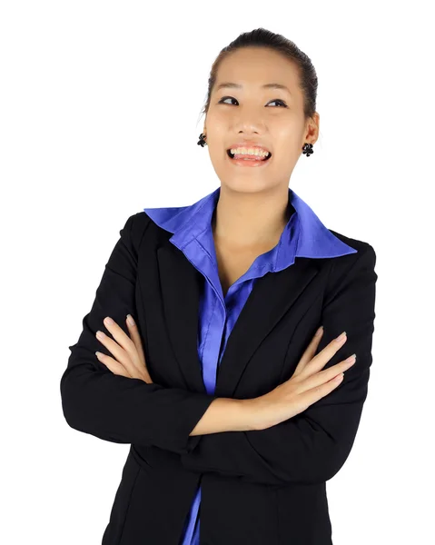 Isolated young business woman with thinking posture on white — Stock Photo, Image