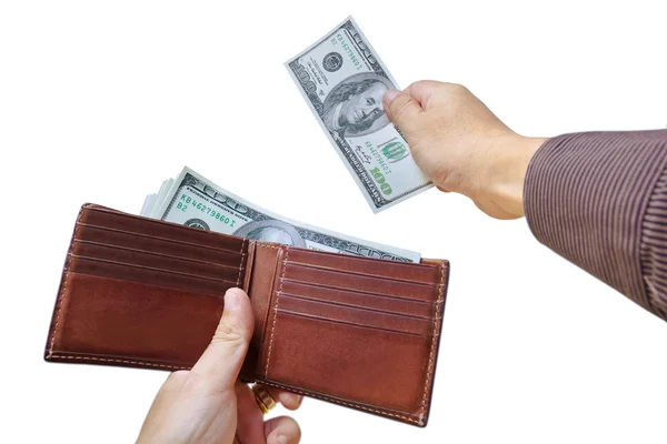 Isolado de mãos tirando dinheiro para gastar — Fotografia de Stock