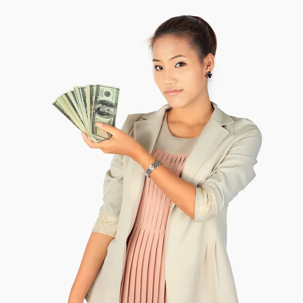 Elszigetelt fiatal üzleti nő USA dollár-bankjegyek — Stock Fotó