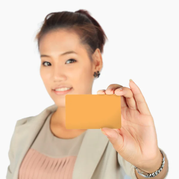 Isolated young business woman with a credit card — Stock Photo, Image