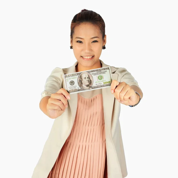 米ドル紙幣と孤立した若いビジネス女性 — ストック写真
