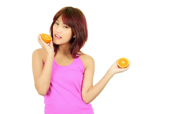 Isolato giovani asiatico donna con tritato arancione — Foto Stock