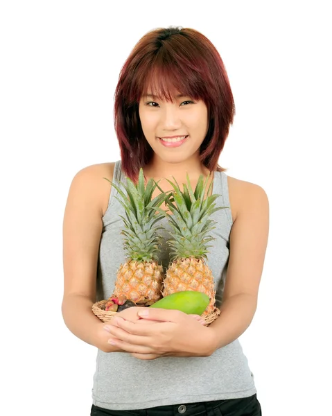 Mujer asiática joven aislada con variedad de frutas orientales . —  Fotos de Stock