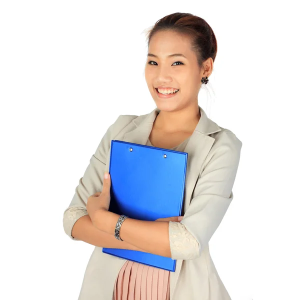 Joven empresa Mujer sostiene una carpeta azul. —  Fotos de Stock