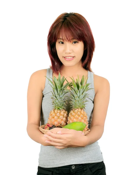 Isolado jovem ásia mulher com variedade de oriental frutas . — Fotografia de Stock