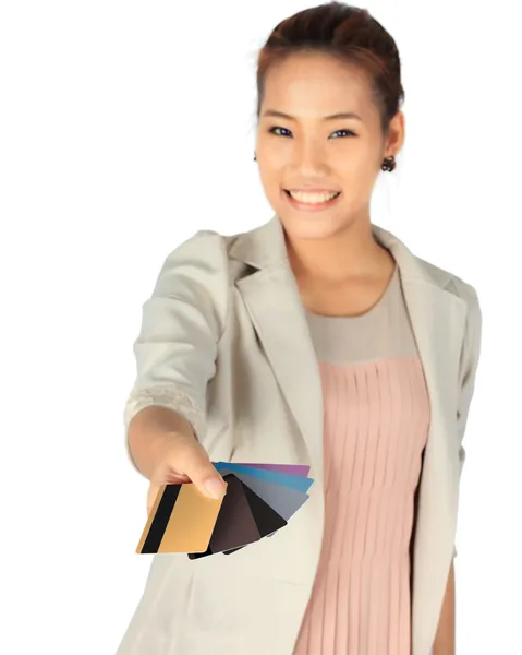 Young business Woman with her credit cards — Stock Photo, Image