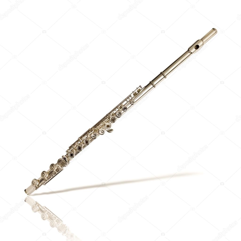 Isolated professional silver flute on white