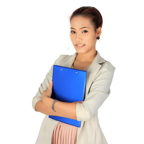 Joven empresa Mujer sostiene una carpeta azul. —  Fotos de Stock