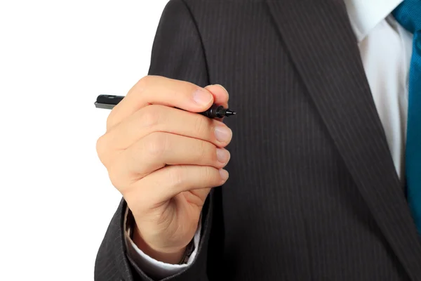 Primer plano de una mano de hombre de negocios sostiene una pluma — Foto de Stock