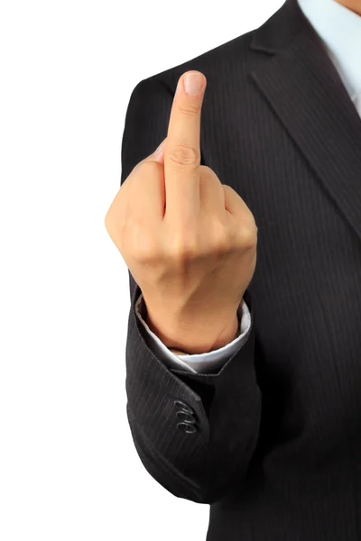 Closeup on a hand of business man with middle finger posture — Stock Photo, Image