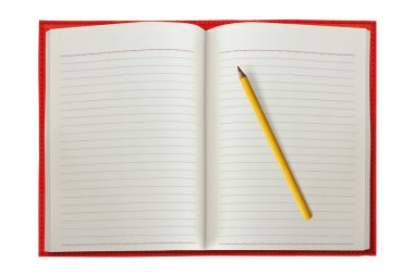 kırmızı defter bir kalem ile