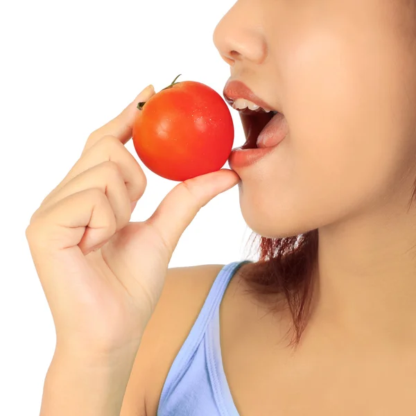 Geïsoleerde jonge Aziatische vrouw tomaat — Stockfoto