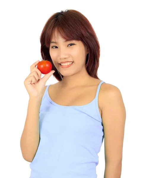 Isolated young asian woman tomato — Stock Photo, Image