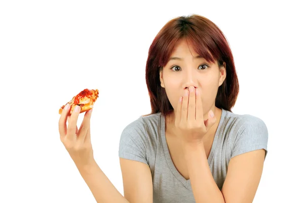 Isolated young asian woman with a piece of pizza — Stock Photo, Image