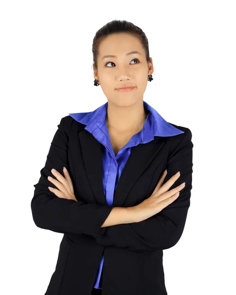 Isolated young business woman with thinking posture on white — Stock Photo, Image