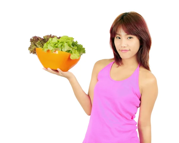 Geïsoleerde jonge Aziatische vrouw met ca kom van verschillende vetgetables — Stockfoto