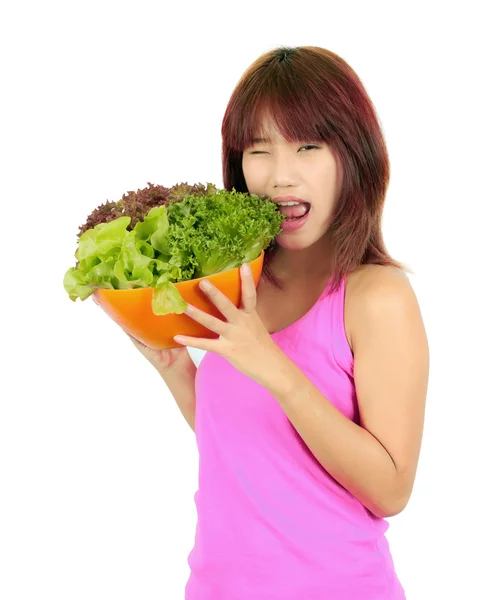 Isolierte junge asiatische Frau mit ca Schüssel mit verschiedenen Vegetables — Stockfoto