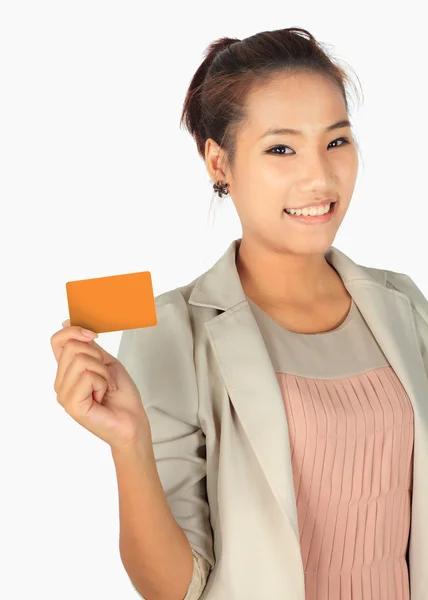 Isolated young business woman with a credit card — Stock Photo, Image