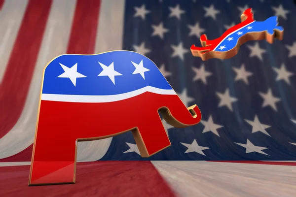 Simbolo del Partito Repubblicano su sfondo di bandiera americana — Foto Stock