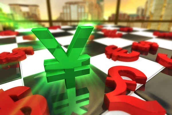 Green Japanese Yen Symbol with red international currencies — Stock Photo, Image