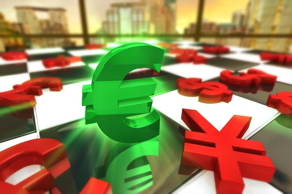 Grünes Euro-Dollar-Symbol mit roten internationalen Währungen — Stockfoto