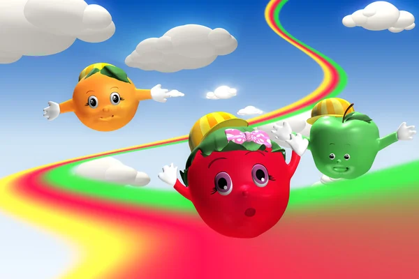 3d 渲染的草莓、 橙色和绿色苹果字符 f — 图库照片